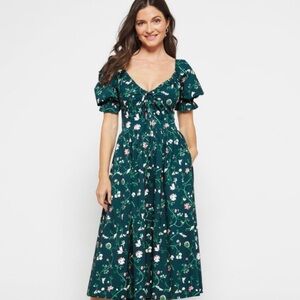 Hill House Dark Green Floral Midi Dress